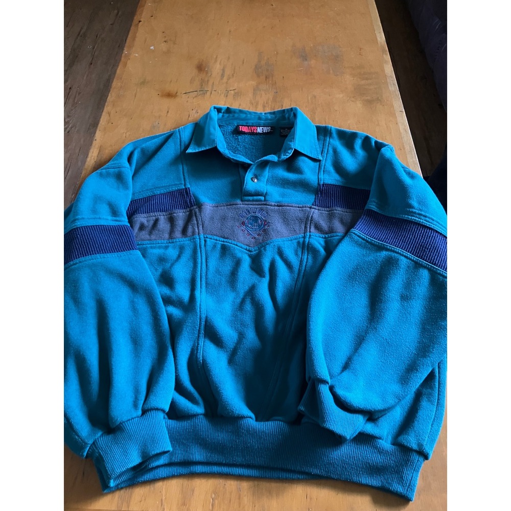 Todays News Sweatshirt Mens Medium Teal Colorblock Vintage Collared Pullover